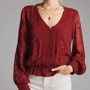 Anthropologie Wine Embroidered Blouse